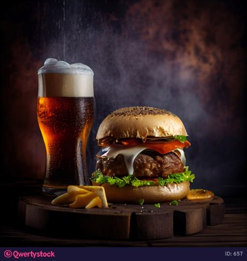 Homemade burger with grilled beef, cheese, onion, tomato, and green salad, sauce, with pickles and French fries,and a glass of beer