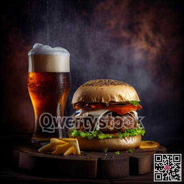 Homemade burger with grilled beef, cheese, onion, tomato, and green salad, sauce, with pickles and French fries,and a glass of beer in the background.